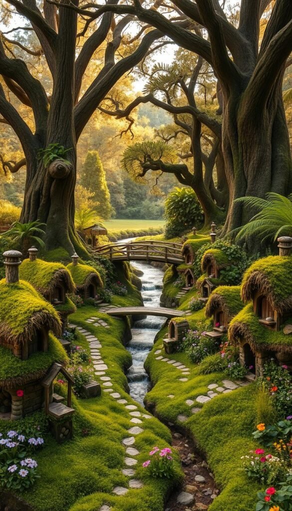 A whimsical fairy village nestled in a lush, verdant landscape. The foreground features intricate, moss-covered cottages with thatched roofs and quaint doorways, surrounded by a winding path lined with vibrant wildflowers. In the middle ground, a shimmering stream cuts through the scene, with a wooden bridge arching gracefully over it. Towering oak trees and magical ferns frame the background, casting a warm, dappled light across the entire village. The overall atmosphere is one of enchantment and tranquility, inviting the viewer to step into this enchanting world.