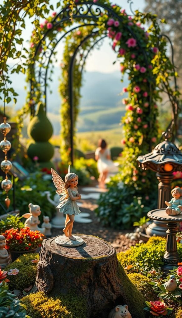 A whimsical garden bursting with enchantment. In the foreground, a delicate ceramic fairy stands atop a mossy log, her wings glimmering in the soft, warm light. Surrounding her, an eclectic assortment of garden decor - glistening wind chimes, playful statues, and a birdbath adorned with intricate metalwork. The middle ground features lush, vibrant foliage, with trailing vines and towering topiaries casting gentle shadows. In the background, a wrought-iron archway is draped in cascading flowers, leading the eye towards a dreamlike, softly-lit landscape. The overall atmosphere is one of whimsy, enchantment, and a touch of magic, inviting the viewer to step into this captivating, fairy-tale-inspired garden.