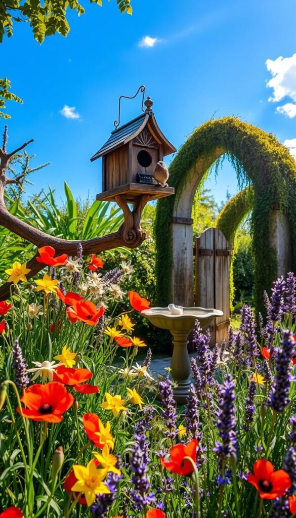 A whimsical garden oasis, sunlight dappling through lush foliage. In the foreground, an ornate birdhouse perches atop a gnarled branch, its intricate details inviting curious feathered visitors. Surrounding it, a tangle of vibrant wildflowers in a riot of colors - crimson poppies, sunshine-yellow daffodils, and delicate lavender sprigs. In the middle ground, a weathered stone birdbath reflects the dazzling blue sky above, its surface rippling with the playful splashes of bathing birds. Further back, a moss-covered archway draped in cascading vines beckons, promising enchanting hidden paths to explore. The overall mood is one of enchantment, where whimsy and nature seamlessly intertwine.