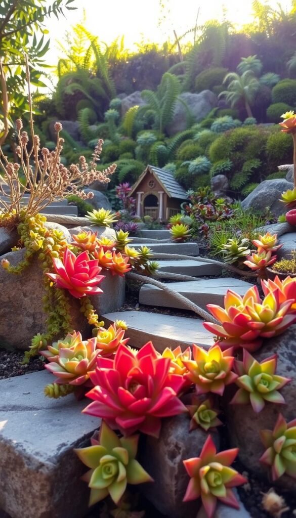 A whimsical succulent fairy garden with diverse textures and shapes, bathed in warm, golden afternoon light. In the foreground, vibrant rosette succulents and trailing echeveria cascading over weathered stone steps. The middle ground features a miniature fairy house nestled among a variety of low-growing, drought-tolerant succulents. The background reveals a lush, verdant backdrop of ferns and mosses, creating a peaceful, stress-relieving sanctuary. Soft shadows and highlights accentuate the delicate, intricate forms of the plants. A sense of harmony and tranquility pervades the scene, inviting the viewer to pause and immerse themselves in the calming, low-maintenance splendor of this succulent oasis.