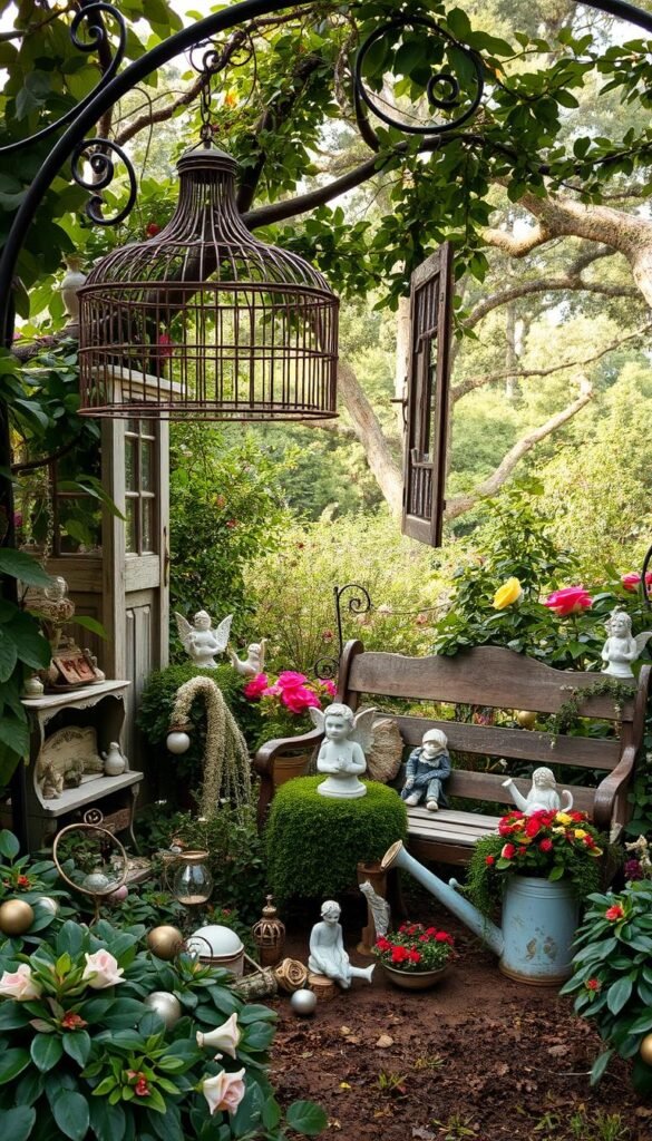A whimsical vintage garden filled with charming, upcycled decor elements. In the foreground, a weathered birdcage hangs from a wrought-iron arch, its doors ajar, hinting at a fairy's escape. Scattered amidst lush foliage, delicate glass orbs, ceramic figurines, and repurposed trinkets create a sense of enchantment. The middle ground features a worn wooden bench adorned with moss-covered statues and a cluster of wildflowers in a vintage watering can. Soft, warm lighting filters through the canopy of trees, casting a magical glow over the tranquil scene. The background is a tapestry of overgrown vines, blooming roses, and towering trees that frame this whimsical, fairytale-inspired garden oasis.