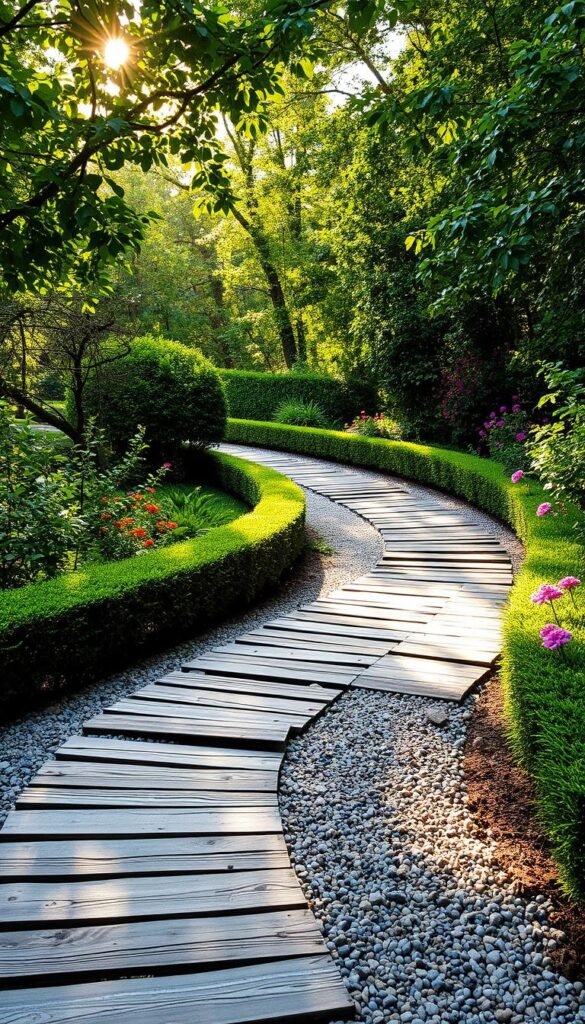 A winding garden path meanders through lush foliage, its surface composed of a mosaic of natural materials - smooth river stones, weathered wooden planks, and crushed gravel. Dappled sunlight filters through the canopy above, casting a warm, golden glow upon the scene. Neatly trimmed hedges and vibrant blooms line the path, guiding the viewer's eye deeper into the structured, yet enchanting, floral landscape. The path's gentle curves and varied textures create a sense of depth and movement, inviting exploration of this meticulously designed flower garden.