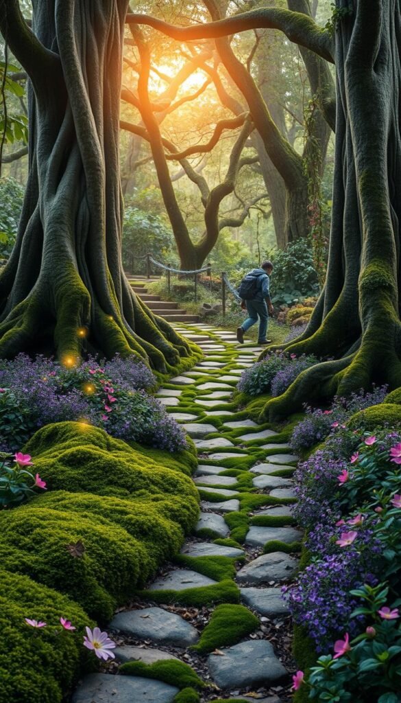 A winding, moss-covered path winds through a whimsical garden, surrounded by towering trees with gnarled roots. Lush, vibrant flora in shades of green, purple, and pink create a magical ambiance. Glowing fireflies and fairies dance in the soft, warm light filtering through the canopy above. Delicate flowers and vines spill over the edges of the path, blurring the boundary between the manicured walkway and the untamed wilderness beyond. The scene exudes a serene, enchanted atmosphere, inviting the viewer to explore this tranquil, otherworldly oasis.