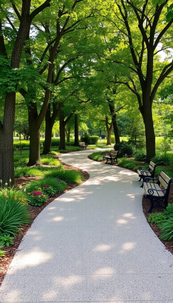 An accessible garden pathway winds through a lush, verdant landscape. The path is wide, with a smooth, level surface composed of permeable pavers or packed gravel, ensuring easy navigation for visitors with mobility aids. Towering trees cast dappled sunlight, creating a serene, natural ambiance. Vibrant, low-maintenance native plants line the edges, providing visual interest and welcoming pollinators. Strategically placed benches offer resting spots along the way, allowing visitors to pause and enjoy the tranquil surroundings. The pathway is gently sloped, with gentle curves that guide visitors through the space in a seamless, accessible manner. Warm, diffused lighting illuminates the scene, creating a welcoming atmosphere for all to enjoy.