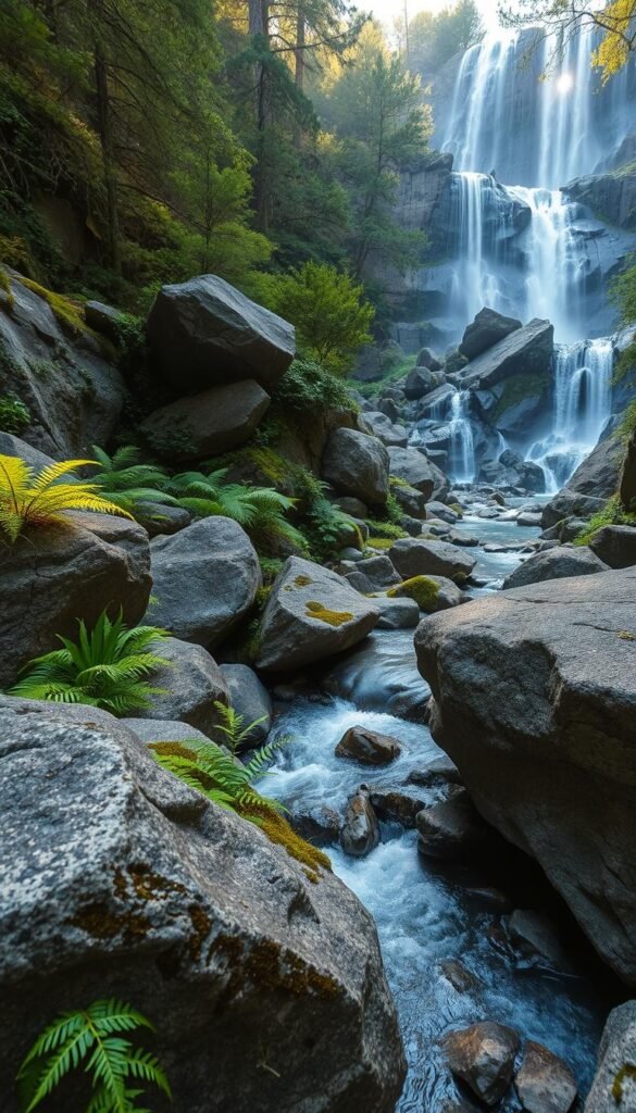 An awe-inspiring outdoor landscape with dynamic boulders and cascading water features. In the foreground, rugged granite boulders sit amidst lush, verdant ferns and mosses, creating a sense of timeless, natural beauty. The middle ground features a tranquil stream winding through the scene, its gently flowing waters reflecting the dappled sunlight filtering through the canopy of trees overhead. In the background, a breathtaking waterfall cascades over rocky outcroppings, its thunderous roar adding to the immersive, sensory experience. The lighting is soft and diffused, lending a serene, almost ethereal quality to the scene. Captured with a wide-angle lens to showcase the scale and grandeur of this captivating outdoor oasis.