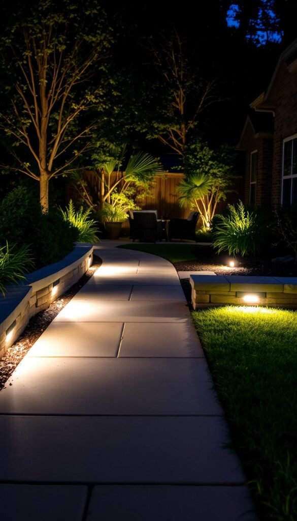 An elegant, well-lit hardscape with a mix of path lighting, up-lighting, and in-ground fixtures illuminating a serene backyard garden. The pathway is lined with smooth stone pavers, leading to a cozy seating area surrounded by lush greenery. Soft, warm lighting casts a gentle glow, creating an inviting and relaxing ambiance. The scene is captured from a low angle, emphasizing the thoughtful design and attention to detail. The overall atmosphere evokes a sense of tranquility and an appreciation for the harmonious integration of nature and modern lighting technology.