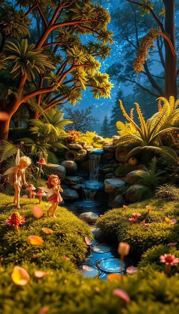 An enchanting fairy garden nursery with whimsical details, bathed in warm, soft lighting. In the foreground, delicate fairy statues and miniature mushrooms dot a lush, mossy ground. Ethereal flower petals drift through the air, creating a sense of magical wonder. The middle ground features a serene waterfall cascading into a tranquil pond, surrounded by towering ferns and enchanted foliage. In the background, a starry night sky twinkles through the canopy of trees, lending an otherworldly, dreamlike ambiance to the scene. The overall atmosphere is one of natural tranquility and imaginative escapism, perfect for inspiring young minds.