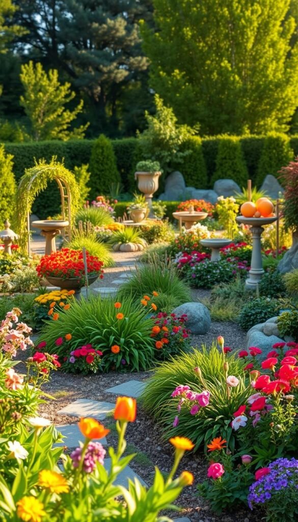 An enchanting garden oasis, bathed in warm afternoon sunlight, showcases a vibrant array of plants and flowers arranged in an inviting layout. In the foreground, lush greenery and colorful blooms create a sense of abundance and life, while a meandering path leads the eye deeper into the scene. Scattered throughout the middle ground are whimsical garden accents, such as rustic arbors, birdbaths, and artfully placed stone features, adding depth and character. In the background, a verdant backdrop of mature trees and shrubs frames the composition, suggesting a sense of privacy and tranquility. The overall mood is one of serene contemplation, where the viewer is invited to imagine themselves strolling through this harmonious, well-designed garden, brimming with inspiring ideas to enhance their own outdoor space.
