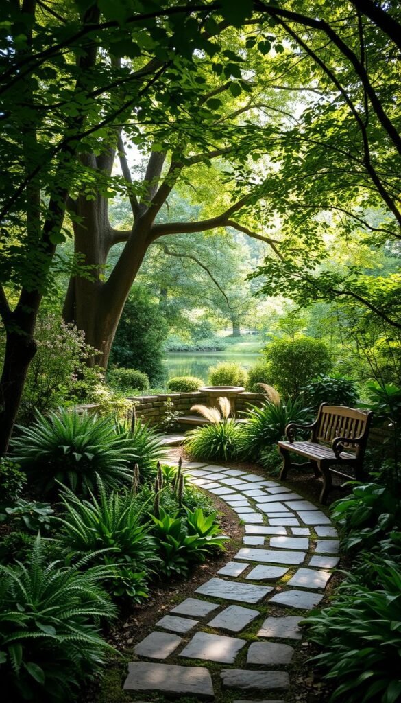 An enchanting hidden garden retreat, bathed in the soft, dappled light filtering through a lush canopy of verdant foliage. In the foreground, a winding stone path leads the eye towards a secluded seating area, where a rustic wooden bench invites one to pause and soak in the tranquil atmosphere. Surrounding the path, a diverse array of shade-loving plants - ferns, hostas, and lush groundcovers - create a verdant tapestry, while the middle ground reveals a serene pond, its still waters reflecting the greenery above. In the background, the scene is framed by towering trees, their branches forming a natural cathedral overhead, casting gentle shadows that dance across the scene. An oasis of calm, this hidden retreat offers a peaceful respite from the outside world.