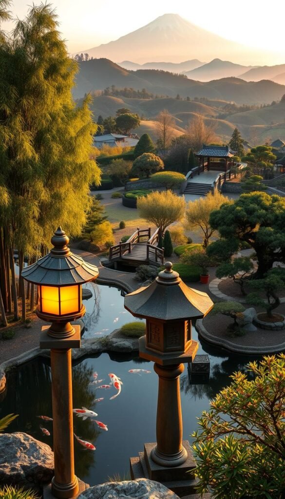 An expansive Japanese garden with a serene koi pond, surrounded by towering bamboo groves and carefully pruned bonsai trees. In the foreground, a traditional stone lantern casts a warm, golden glow, while the middle ground features a winding path leading to a picturesque wooden bridge. The background is filled with rolling hills, with the faint outline of a majestic Mount Fuji in the distance, bathed in the soft light of the setting sun. The scene radiates a sense of tranquility and harmony, inviting the viewer to step into this iconic Japanese landscape. An expansive Japanese garden with a serene koi pond, surrounded by towering bamboo groves and carefully pruned bonsai trees. In the foreground, a traditional stone lantern casts a warm, golden glow, while the middle ground features a winding path leading to a picturesque wooden bridge. The background is filled with rolling hills, with the faint outline of a majestic Mount Fuji in the distance, bathed in the soft light of the setting sun. The scene radiates a sense of tranquility and harmony, inviting the viewer to step into this iconic Japanese landscape.