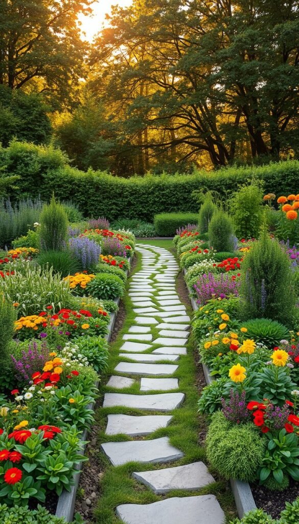 An exquisite, meticulously planned garden layout showcasing a harmonious blend of edible plants and vibrant flowers. The foreground features lush, neatly arranged vegetable beds intermixed with colorful blooms, creating a visually captivating and pollinator-friendly display. The middle ground introduces a winding path made of natural stone, inviting exploration and discovery. In the background, a lush, verdant backdrop of mature trees and shrubs provides a serene, naturalistic setting. Warm, golden sunlight filters through the canopy, casting a soft, inviting glow across the entire scene. The overall composition evokes a sense of tranquility, balance, and the perfect fusion of practicality and aesthetic beauty.