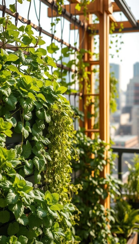 An exquisite vertical garden thriving in natural light, with lush greenery cascading down a meticulously crafted trellis system. The foreground showcases a variety of leafy vegetables and herbs, their vibrant colors and textures harmoniously intertwined. The middle ground features a sturdy, yet elegant wooden framework supporting the verdant display, strategically designed to maximize space in an urban setting. In the background, a softly blurred cityscape provides a subtle backdrop, emphasizing the harmonious integration of nature and modern living. The scene is illuminated by warm, diffused lighting, casting gentle shadows and highlighting the intricate details of the thriving vertical garden. This captivating image captures the essence of innovative, space-saving gardening techniques that empower urban dwellers to cultivate their own sustainable oasis.