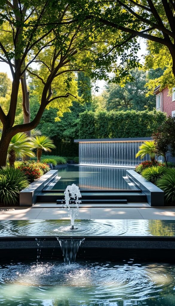 An idyllic modern garden showcasing a variety of water feature options. In the foreground, a sleek, minimalist fountain with cascading sheets of water creating a soothing ambiance. In the middle ground, a serene reflection pool, its mirror-like surface perfectly capturing the surrounding lush greenery. In the background, a contemporary water wall, its linear design accentuated by subtle LED lighting, adding a touch of architectural elegance. Dappled sunlight filters through the canopy of trees, casting a warm, natural glow over the entire scene. The overall composition exudes a sense of tranquility and sophistication, perfectly embodying the essence of a modern garden water feature.