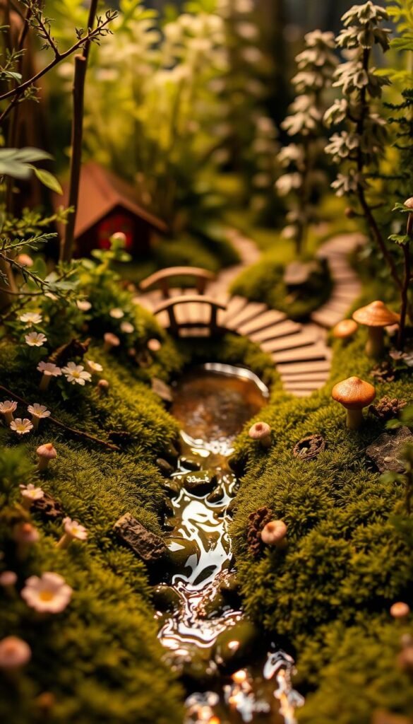 An intimate, meticulously planned miniature fairy garden, bathed in soft, warm lighting. In the foreground, a delicate stream winds through a lush, mossy landscape, dotted with diminutive flowers and mushrooms. The middle ground features a tranquil pond, its surface reflecting the surrounding foliage. In the background, a miniature wooden bridge arches over the water, leading to a path flanked by towering, fantastical plants. Whimsical, intricate details fill every corner, creating a sense of enchantment and wonder. The overall scene evokes a sense of peaceful contemplation and immersion in a magical, enchanted world.