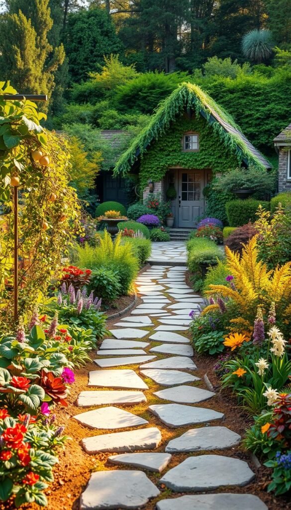 An lush, ornamental edible garden with a whimsical, inviting curb appeal. A vibrant, sun-dappled foreground showcases flourishing edible plants like leafy greens, herbs, and compact fruit trees artfully interspersed with colorful, textural ornamentals. The middle ground features a charming, winding stone path leading the eye deeper into the garden, flanked by cascading flowers and trailing vines. In the background, a cozy, cottage-style home is framed by a verdant, layered landscape of mixed perennials, shrubs and trees. Warm, natural lighting casts a golden glow, creating an atmosphere of rustic elegance and abundance.
