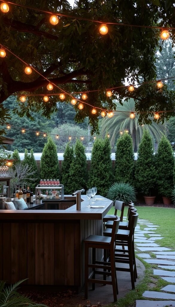 An outdoor bar location nestled in a lush, verdant backyard, with a cozy, inviting atmosphere. The bar itself is crafted from weathered wood, complemented by comfortable seating arrangements and a well-stocked bar top. Strings of warm, golden lights hang overhead, casting a soft, ambient glow across the scene. In the background, a row of mature trees and shrubs create a natural backdrop, while a stone pathway leads visitors towards the inviting space. The overall composition evokes a sense of laid-back, casual elegance, perfect for entertaining friends and enjoying a refreshing beverage in the great outdoors.