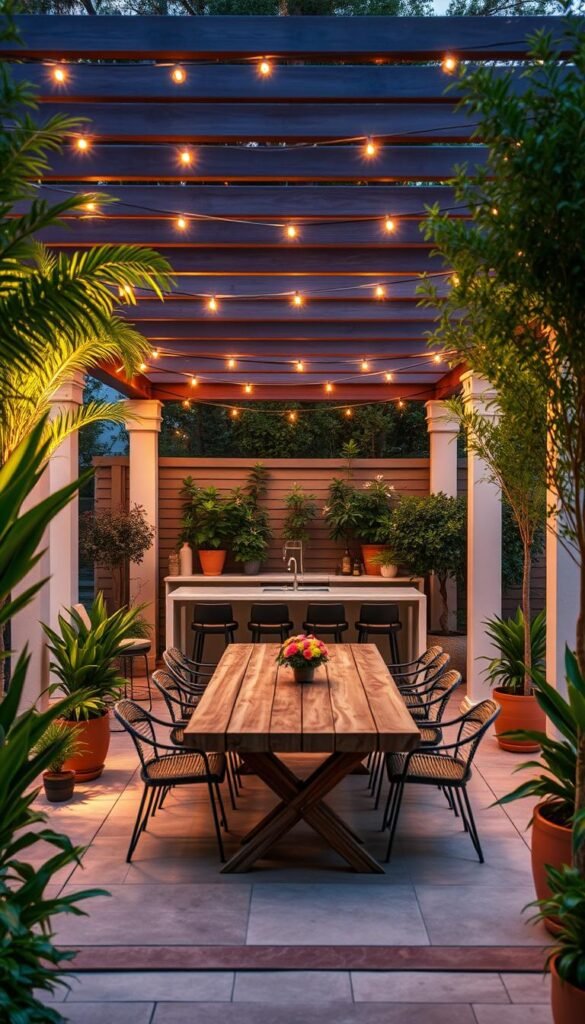 An outdoor entertaining garden room with a cozy, inviting atmosphere. A well-designed patio features a stylish bar area with a sleek countertop and modern stools. Lush, verdant plants and tall potted trees frame the space, creating a natural, soothing ambiance. Overhead, a pergola with delicate string lights casts a warm, intimate glow. In the center, a rustic wooden dining table surrounded by comfortable chairs invites guests to gather and socialize. The scene is illuminated by a soft, diffused light, as if captured on a golden hour summer evening. The overall impression is one of elegance, relaxation, and the perfect blend of indoor and outdoor living.