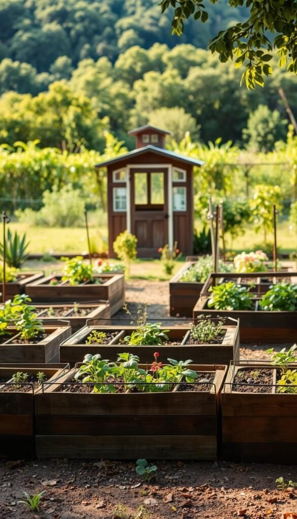 An outdoor garden scene with several DIY raised garden beds in the foreground, built using reclaimed wood, metal, and other repurposed materials. The beds are arranged in an organized yet creative layout, with a variety of plants and vegetables growing in them. In the middle ground, a small shed or greenhouse structure stands, blending harmoniously with the natural surroundings. The background features lush greenery, perhaps some trees or a distant horizon, creating a serene and peaceful atmosphere. Warm, natural lighting illuminates the scene, casting soft shadows and highlighting the textures of the handcrafted garden beds. The overall composition conveys a sense of resourcefulness, sustainability, and a connection to the earth.