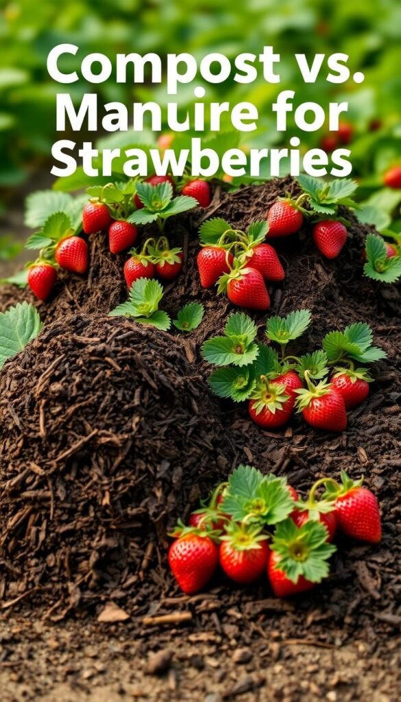 Compost vs. manure for strawberries: a side-by-side comparison of two organic fertilizers. In the foreground, a pile of rich, dark compost stands next to a mound of aged, fragrant manure. The middle ground showcases thriving strawberry plants, their lush green leaves and plump red berries in various stages of ripeness. A soft, diffused natural light illuminates the scene, casting gentle shadows and creating a warm, earthy atmosphere. The background blurs into a verdant garden setting, hinting at the abundance and vitality that these soil amendments can bring to a strawberry patch.