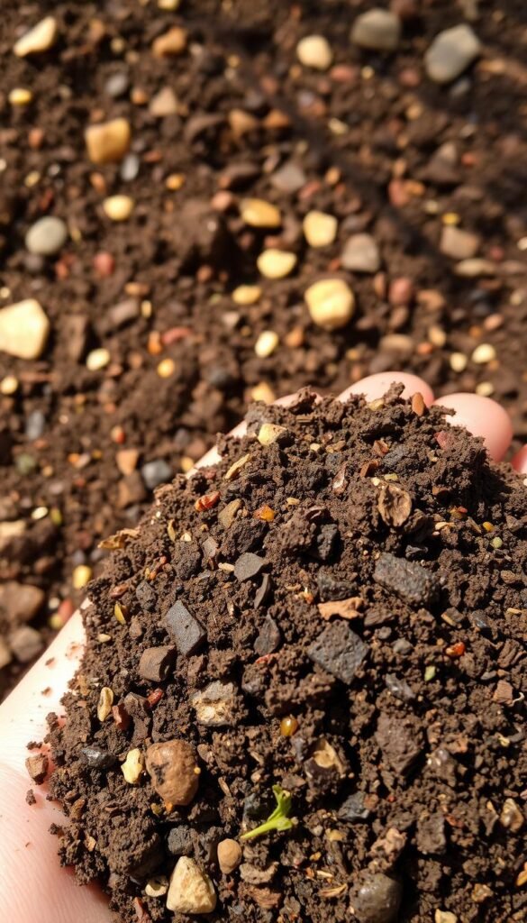 Detailed close-up photograph of garden soil components, crisp focus and natural lighting. Foreground shows a handful of rich, dark earth crumbling with visible bits of organic matter, fallen leaves, and small stones. Middle ground reveals the different soil textures, from fine-grained silt to larger pebbles. Background displays the varied hues and shades of the soil, ranging from deep browns to reddish-orange tones. The overall composition emphasizes the complex, layered structure of healthy, fertile garden soil, ready to support abundant plant growth.