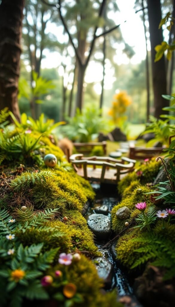 Detailed fairy garden assembly tips in a whimsical woodland setting. A lush, verdant foreground with ferns, mosses, and delicate flowers. In the middle ground, a miniature wooden bridge spans a babbling brook, with stepping stones leading to a quaint stone path. Soft, diffused lighting filters through the canopy of towering trees in the background, creating a magical, enchanted atmosphere. The scene is captured through a slightly low-angle lens, evoking a sense of wonder and intimacy. Warm, earthy tones throughout, with touches of vibrant color in the flora. A tranquil, serene composition that invites the viewer to explore and discover the secrets of this enchanting fairy garden.
