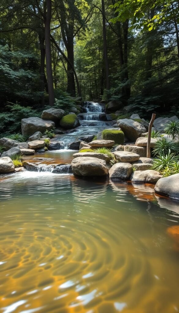 Detailed garden layout plan for a natural water feature, showcasing various elements. In the foreground, a peaceful pond with gently rippling surface, surrounded by lush vegetation and strategically placed boulders. The middle ground features a cascading waterfall, its crystal-clear flow tumbling over mossy rocks. In the background, a dense forest canopy casts soft, dappled lighting across the scene. The overall composition evokes a serene, tranquil atmosphere, inviting exploration and relaxation. Captured with a wide-angle lens to provide a comprehensive view of the thoughtfully designed water feature layout.