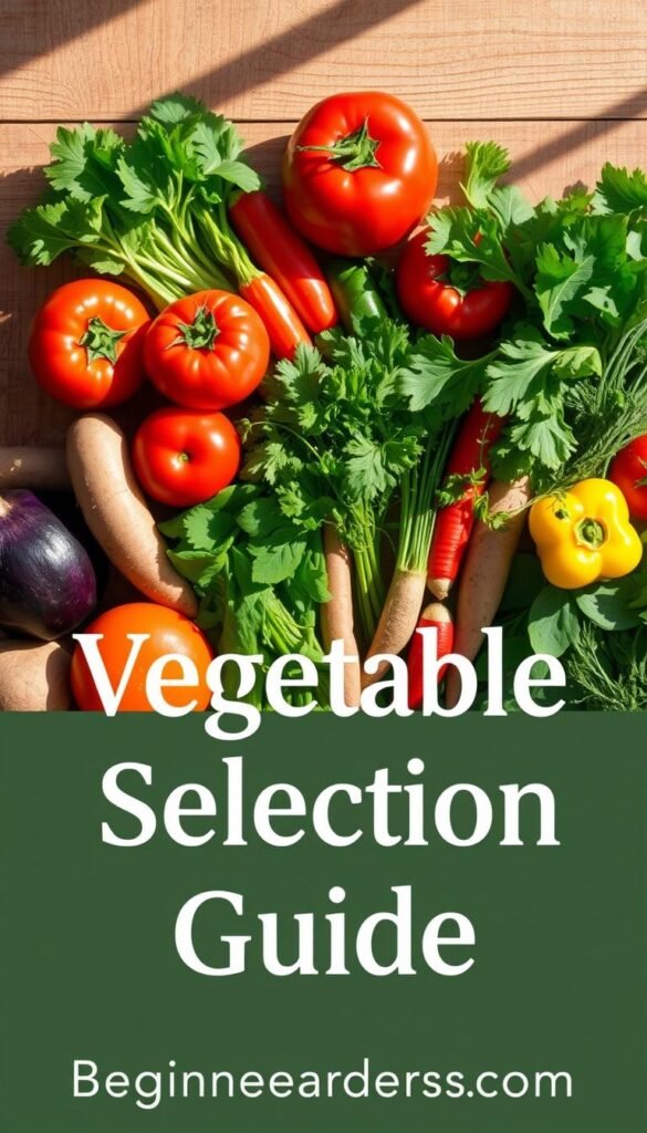 Detailed illustration of a "Vegetable Selection Guide" displaying a curated arrangement of various fresh, vibrant vegetables on a wooden surface. Crisp natural lighting from the side, creating shadows and highlights to showcase the textures and colors of the produce. The selection includes common garden staples like tomatoes, bell peppers, leafy greens, root vegetables, and herbs, presented in an organized, visually appealing manner to help guide gardeners in their vegetable choices. The image has a clean, minimalist composition emphasizing the beautiful, seasonal ingredients, evoking a sense of simplicity and practicality for beginner gardeners.