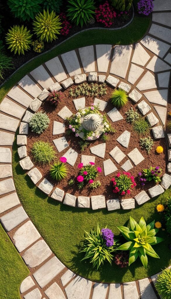 Detailed landscape design layout plan, showcasing a harmonious front yard flower garden. A meticulously arranged hardscaping framework, featuring winding pathways, decorative stone borders, and strategic plantings. Soft, natural lighting illuminates the scene, casting gentle shadows and highlighting the varied textures of the materials. The composition emphasizes balance and visual interest, with a focal point drawing the eye towards a decorative garden feature. Lush, vibrant foliage and blooms add pops of color, complementing the earthy tones of the hardscaping elements. An inviting, cohesive design that seamlessly integrates the natural and man-made elements, creating an aesthetically pleasing and functional outdoor space.