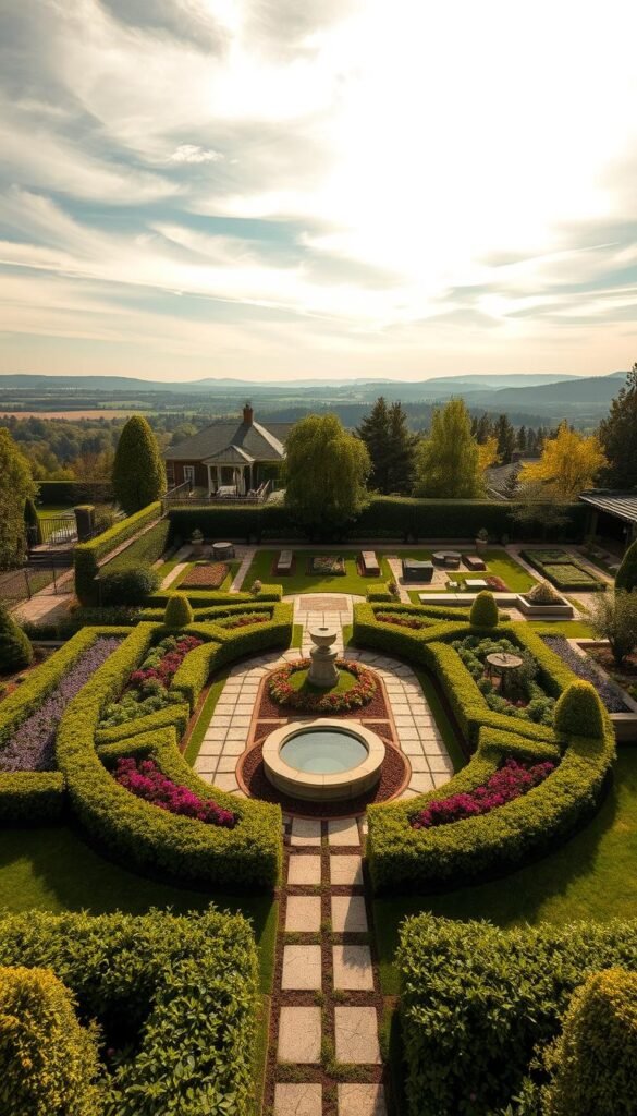 Detailed landscape design plan showcasing functional garden zones. Lush, verdant foreground with sculpted hedges, flowering beds, and a central water feature. Middle ground features carefully arranged pathways, seating areas, and raised planting beds. Distant background depicts rolling hills, mature trees, and a picturesque sky with soft, golden sunlight filtering through wispy clouds. Emphasis on harmonious flow, practical layout, and aesthetic balance. Cinematic, wide-angle perspective captures the complete vision for an inviting, cohesive outdoor living space. High-resolution, photorealistic quality.