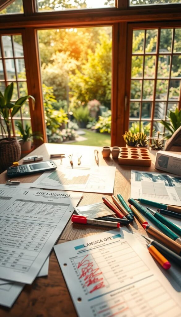 Detailed landscape planning schematic with a practical, organized layout. Warm, natural lighting casts a focused glow on a wooden desk surface, covered in financial documents, budget spreadsheets, and colorful marker annotations. In the middle ground, a neatly arranged collection of gardening tools, seed packets, and landscape design sketches convey a sense of thoughtful preparation. The background features a lush, verdant garden scene framed by large windows, hinting at the final landscaping vision. The overall atmosphere exudes a balance of pragmatic budgeting and creative inspiration, reflecting the process of setting a practical timeline and financial plan for a DIY garden project.