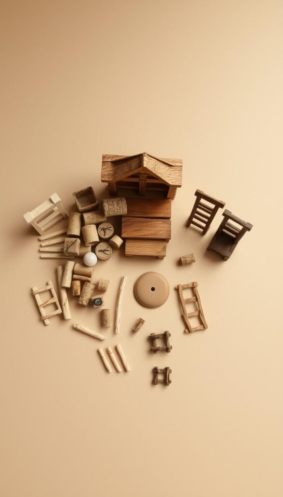 Detailed still life arrangement of miniature fairy furniture materials, including an assortment of popsicle sticks, natural corks, miniature ladders, and other rustic craft supplies. Evenly lit from above with soft, diffused lighting to accentuate the textures and colors. Arranged on a plain, neutral-colored surface with a slight angle to create depth and perspective. The overall mood is warm, whimsical, and inviting, conveying the charm and creativity of DIY fairy garden projects.