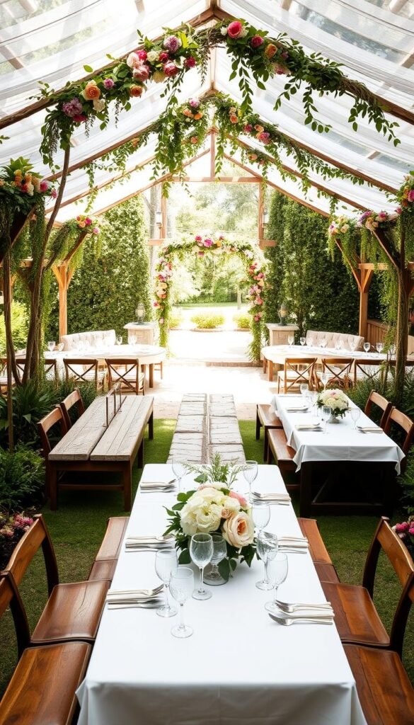 Elegant garden wedding seating arrangements in an enchanting outdoor setting. Rows of wooden benches nestled amongst lush greenery and vibrant floral archways. Soft natural lighting filters through the canopy, casting a warm glow on the carefully curated tablescape. Delicate crystal stemware and crisp white linens adorn the long reception tables, complemented by cascading floral centerpieces. A stone pathway leads guests to the tranquil ceremony area, where an ornate wooden arch stands as the centerpiece, draped in cascading vines and blooms. The overall ambiance is one of timeless romance and rustic charm, perfectly capturing the essence of a charming garden wedding.