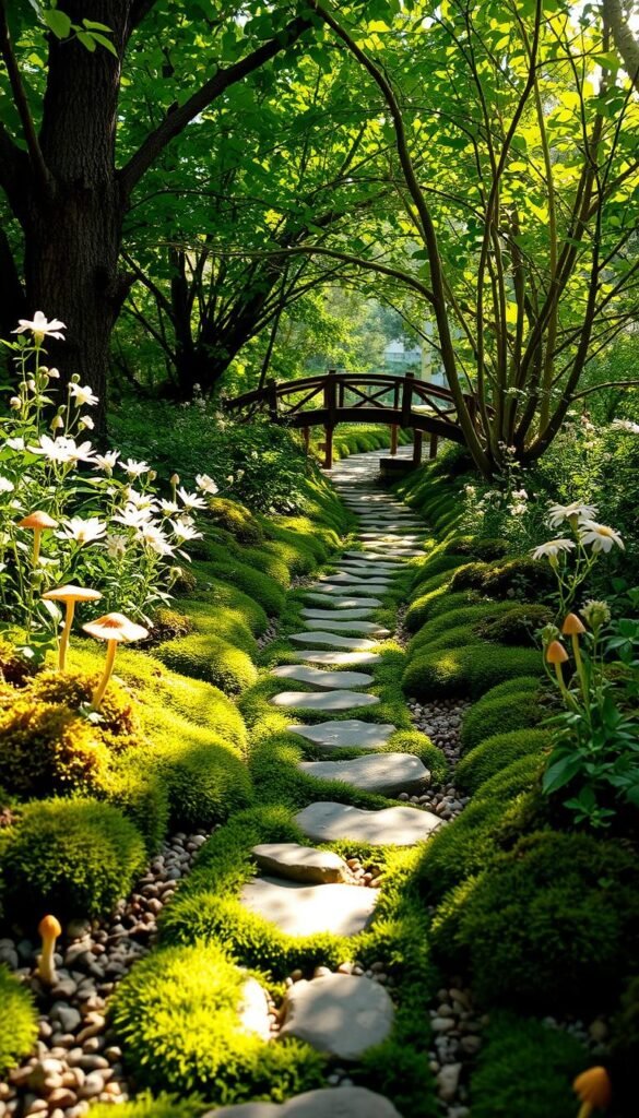 Enchanted pathway design through a lush fairy garden, with a meandering trail of mossy pebbles and whimsical stepping stones. Sunlight filters through the canopy of vibrant green foliage, casting a warm, magical glow. Delicate wildflowers and tiny mushrooms dot the landscape, creating a sense of wonder. In the distance, a charming wooden bridge arches over a babbling brook, inviting further exploration. The scene evokes a serene, otherworldly atmosphere, perfect for a backyard fairy garden oasis.