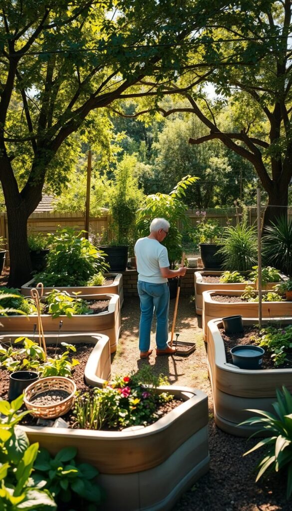Ergonomic raised garden beds with curved edges and adjustable height, surrounded by lush greenery and natural lighting. A central figure tends to the beds, their posture relaxed and comfortable. The beds feature built-in seating and tools within easy reach, creating a back-friendly, accessible gardening experience. Dappled sunlight filters through trees, casting a warm, soothing atmosphere. The scene conveys a sense of ease and efficiency, inspiring viewers to create their own ergonomic, user-friendly garden oasis.