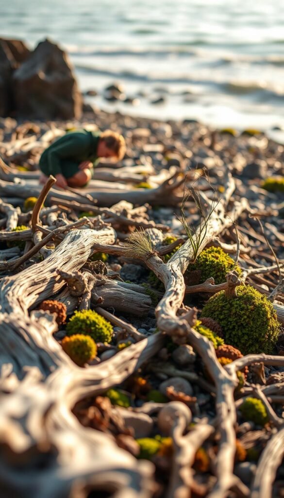 Gathering driftwood and moss materials for a rustic fairy garden: A tranquil coastal scene with a lone figure kneeling on the weathered, sun-bleached driftwood-strewn shoreline, carefully selecting and gathering natural treasures - gnarled driftwood pieces, lush green mosses, and other organic materials. Soft, diffused natural lighting filters through the scene, casting warm, golden hues and creating a serene, contemplative atmosphere. The background features a blurred, hazy seascape with gentle waves lapping at the shore, adding to the calming, idyllic ambiance.