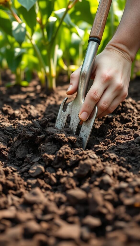 Intensive soil preparation for a lush dahlia cut flower garden: a close-up view of a gardener's hands meticulously turning and breaking up dark, rich soil with a gardening fork, revealing freshly loosened earth ready for planting. Sunlight filters through the leaves, casting a warm, natural glow. The scene conveys a sense of diligent, hands-on work, preparing the perfect foundation for the vibrant dahlia blooms to come. A mid-shot angle emphasizes the intimate connection between the gardener and the soil, underscoring the importance of this crucial first step in the growing process.