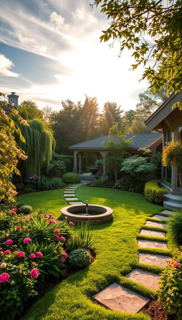 Landscape design ROI: a lush, manicured backyard garden with vibrant greenery, cascading florals, and a tranquil water feature. Warm, golden sunlight filters through wispy clouds, casting a soft, inviting glow. Strategically placed garden paths lead the eye through the serene, well-balanced composition. Carefully curated shrubbery and ornamental trees frame the scene, heightening the property's curb appeal. The image conveys a sense of harmonious integration between the home and its surrounding landscape, showcasing the tangible value that thoughtful outdoor design can bring to a residential property.