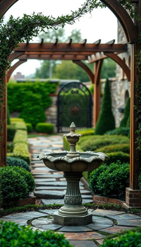 Landscape materials garden structure: a detailed, well-composed scene of a formal garden feature. In the foreground, a stone birdbath or fountain stands as the central focal point, surrounded by lush, manicured greenery. In the middle ground, a wooden pergola or arbor frames the view, its intricate lattice casting delicate shadows across the garden path. In the background, a stone wall or ornamental gate defines the boundaries, creating a sense of enclosure and tranquility. The lighting is soft and diffused, perhaps early morning or late afternoon, highlighting the textures and colors of the natural and man-made materials. The overall atmosphere is one of refined elegance and timeless beauty, inviting the viewer to step into this serene, harmonious garden oasis.
