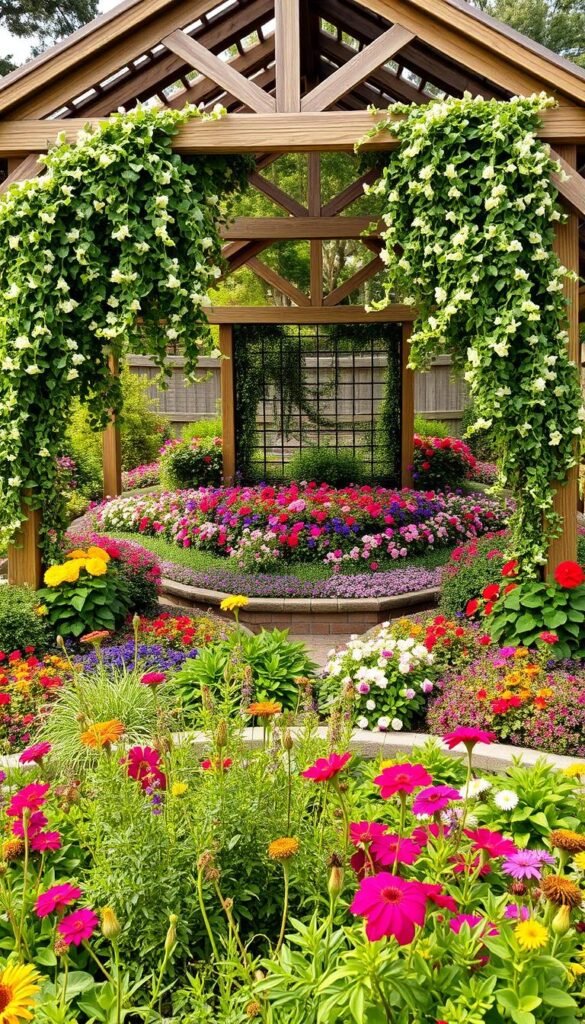 Layered garden structure with a central arbor, covered in cascading vines and flowers, surrounded by tiered garden beds overflowing with a vibrant array of blooms. The structure's rustic wooden beams and lattice create a warm, natural ambiance, complemented by dappled sunlight filtering through the canopy. In the foreground, lush perennials, shrubs, and trailing plants spill over the edges, inviting one to explore the depth and texture of this meticulously designed outdoor sanctuary. The overall scene evokes a sense of timeless beauty and tranquility, perfectly suited for a year-round flourishing garden.
