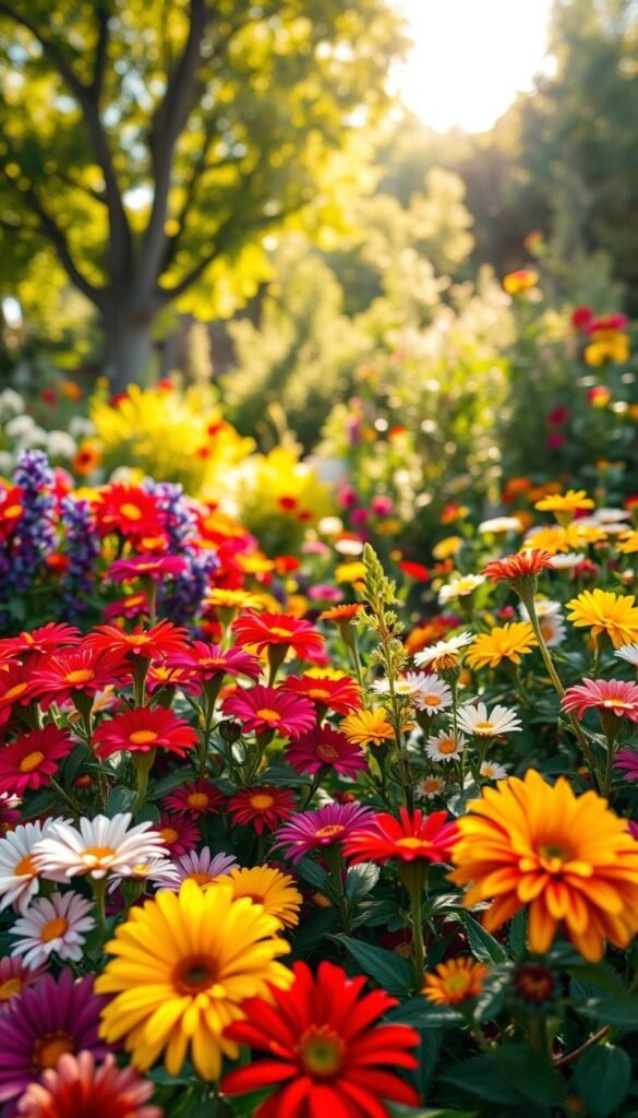 Lush backyard flower garden bursting with vibrant color combinations. Foreground features a kaleidoscope of blooming flowers - bold reds, deep purples, sunny yellows, and delicate pastels. Striking contrast between the vivid floral display and the soft, out-of-focus greenery in the middle ground. Dappled sunlight filters through the surrounding trees, casting a warm, golden glow over the entire scene. Serene, tranquil atmosphere invites the viewer to step into this enchanting oasis of nature's beauty. Composition emphasizes the harmonious color palette and the interplay of light and shadow. Crisp, high-resolution photograph captured with a wide-angle lens to showcase the depth and grandeur of this lush backyard flower garden.