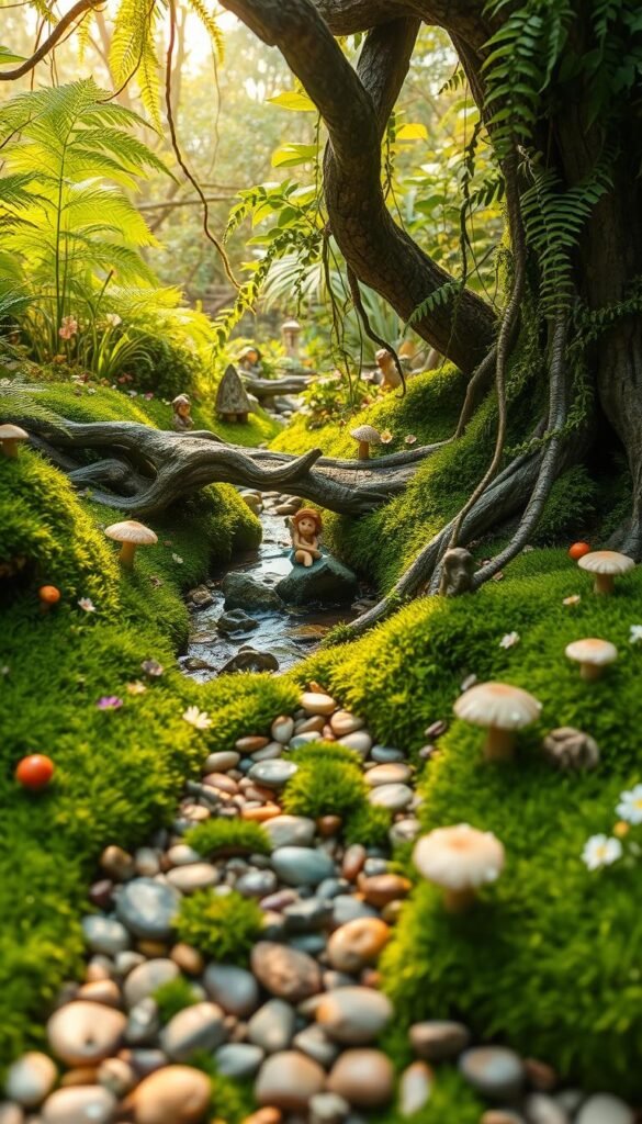 Lush, enchanting fairy garden layout featuring a winding pebble path leading through a whimsical landscape. Vibrant green moss carpets the ground, dotted with delicate mushrooms and wildflowers. Gnarled tree roots form natural bridges over a babbling brook, its crystal-clear waters reflecting the dappled sunlight filtering through the canopy above. Delicate fairy statues and miniature stone structures peek out from beneath fern fronds and trailing vines. The scene is bathed in a warm, golden glow, evoking a sense of magic and wonder. Captured with a wide-angle lens to showcase the depth and tranquility of this serene, otherworldly oasis.