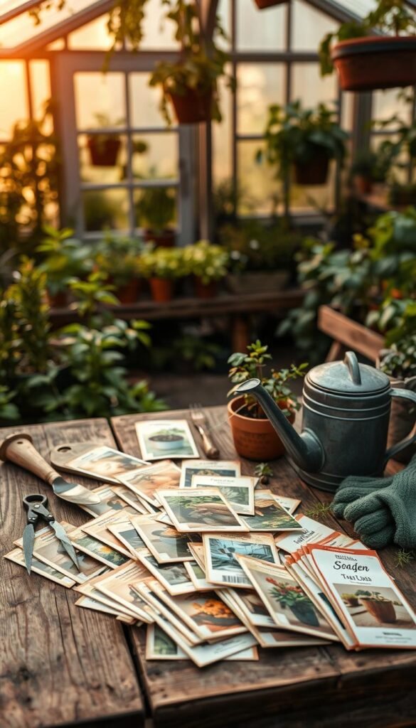 Lush garden with a rustic, farmhouse aesthetic. In the foreground, an assortment of garden tools - trowel, pruning shears, watering can, and gloves - neatly arranged on a wooden table. In the middle ground, various seed packets in earthy tones spill across the table, highlighting the diversity of plants. The background features a greenhouse or potting shed, with warm, diffused natural lighting filtering through the windows, creating a cozy, inviting atmosphere. The overall composition conveys a sense of organization, productivity, and the joy of cultivating a self-sustaining garden.