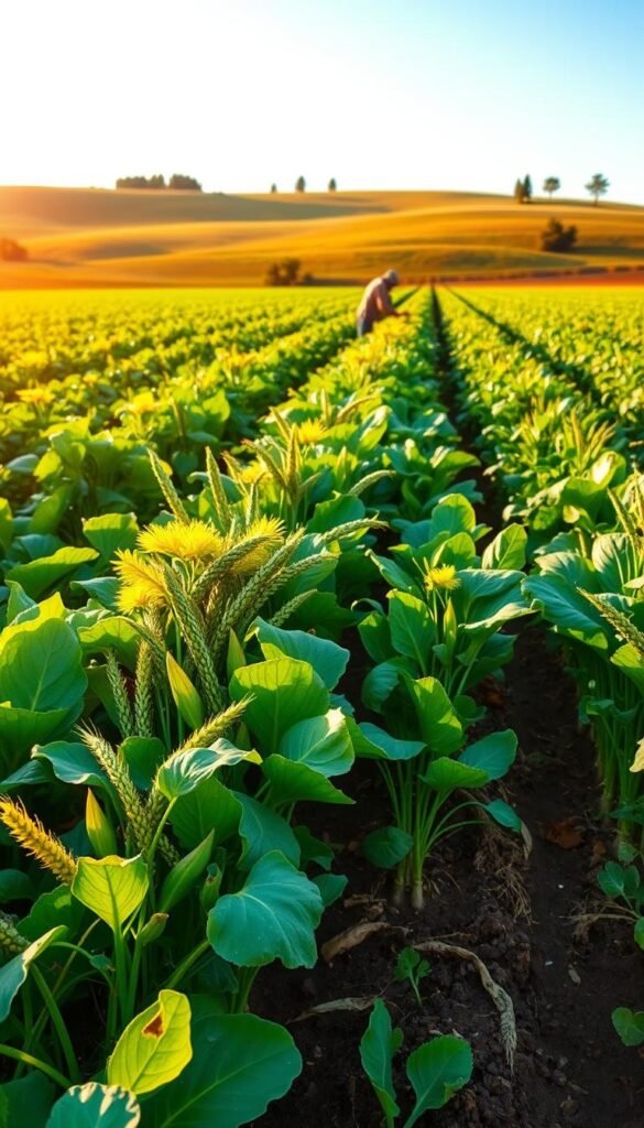 Lush green field with rows of thriving crops, showcasing the benefits of crop rotation. In the foreground, a diverse array of vegetables and grains flourishing side by side, their leaves and stems intertwined. The middle ground reveals a farmer tending to the soil, adding compost and examining the healthy root systems. In the background, a rolling landscape dotted with trees and a clear blue sky, conveying a sense of balance and harmony. Warm, golden sunlight filters through, casting a gentle glow over the scene. The overall atmosphere exudes a tranquil and rejuvenating energy, reflecting the long-term soil health achieved through effective crop rotation practices.