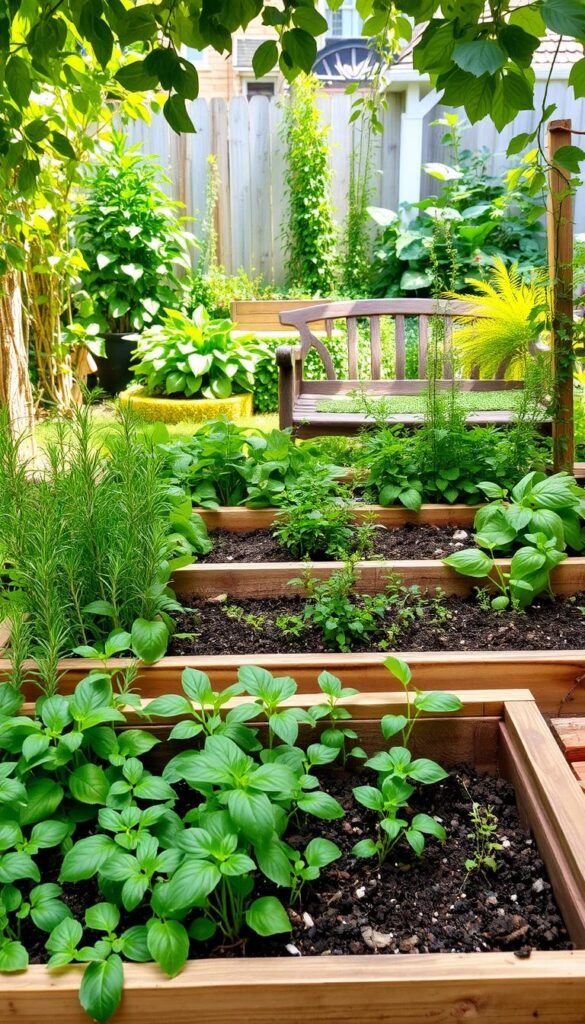 Lush herb garden in a cozy backyard setting, sunlight filtering through verdant foliage. Rows of vibrant, leafy herbs - rosemary, thyme, basil, oregano - arranged in a neatly organized layout. Wooden planter boxes in the foreground, filled with rich soil and young seedlings. In the middle ground, a weathered garden bench invites relaxation amidst the fragrant greenery. The background features a picturesque fence, and a hint of a charming cottage or shed. The scene conveys a sense of tranquility, inviting the viewer to envision themselves tending to this bountiful backyard oasis.