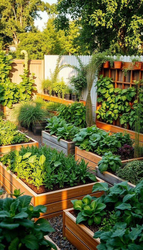 Lush, meticulously designed vegetable garden layouts, showcasing innovative approaches to maximizing limited backyard spaces. A harmonious blend of raised planting beds, vertical structures, and integrated companion plantings create a visually striking and highly functional outdoor oasis. Soft, warm lighting illuminates the scene, casting gentle shadows and highlighting the verdant foliage and vibrant produce. The camera captures the layout from a slightly elevated perspective, providing a comprehensive view of the dynamic, efficient garden design. The overall atmosphere exudes a sense of tranquility, productivity, and a celebration of nature's abundance, inspiring the viewer to reimagine their own backyard as a thriving, sustainable oasis.