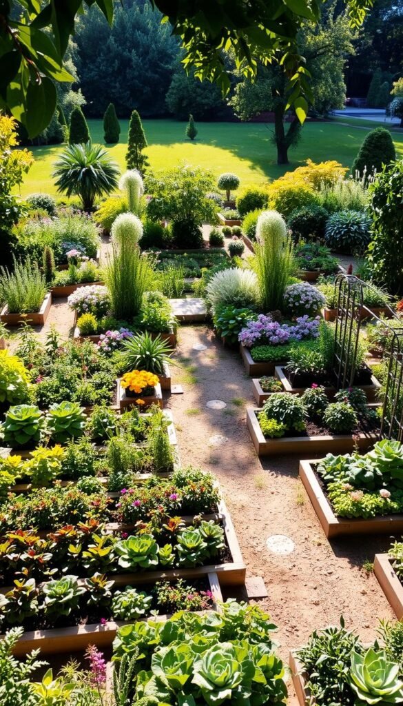 Lush, meticulously planned garden landscape with a strategic layout, showcasing a harmonious blend of diverse plant life. Sunlight filters through the canopy, casting warm, soft shadows across the well-tended beds. In the foreground, neatly arranged raised garden beds brim with an array of vibrant, healthy vegetables and herbs. Meandering pathways wind through the middle ground, inviting exploration, while colorful companion flowers and strategically placed trellises create visual interest. In the background, a tranquil pond reflects the surrounding foliage, complemented by a few ornamental trees providing dappled shade. An overall sense of balance, order, and intentionality pervades the scene, reflecting the principles of natural gardening.