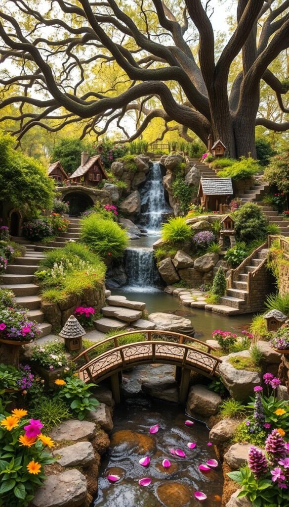 Lush, multi-tiered fairy garden with meandering stone paths, cascading flowers, and whimsical miniature structures. In the foreground, a small wooden bridge arches over a bubbling brook, flanked by vibrant blooms and intricate fairy houses nestled among the verdant foliage. The middle ground features a towering stone waterfall spilling into a tranquil pond, where delicate flower petals drift lazily on the surface. In the background, a canopy of ancient trees casts a warm, golden glow over the scene, evoking a sense of timeless enchantment. The overall composition has a soft, dreamlike quality, inviting the viewer to step into this captivating fairy realm.