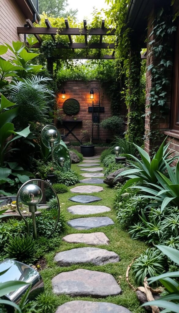 Lush outdoor garden with a variety of visual tricks to enhance the perception of space. In the foreground, strategically placed mirrors create the illusion of depth, reflecting the surrounding greenery. The middle ground features a series of stepping stones that lead the eye through the scene, creating a sense of perspective. In the background, a trellis with climbing vines and carefully placed lighting cast intriguing shadows, adding depth and drama. The overall atmosphere is one of tranquility and wonder, inviting the viewer to explore and discover the hidden delights of this compact, yet visually captivating outdoor oasis.