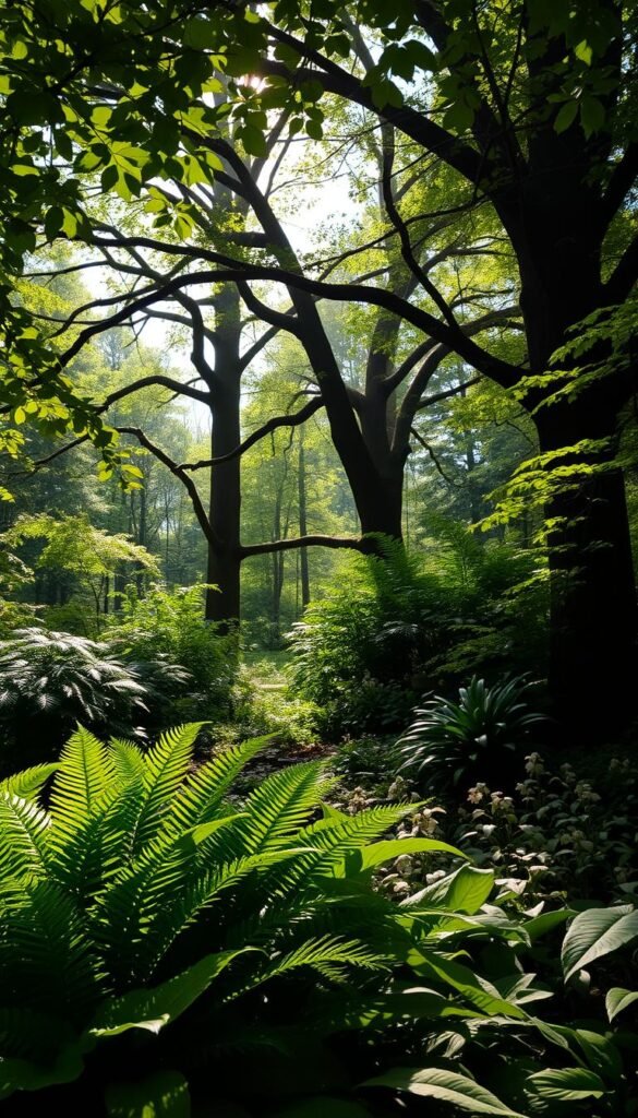 Lush, shade-tolerant foliage casting soft, dappled light over a peaceful garden retreat. In the foreground, vibrant ferns and leafy hostas create a verdant understory, their large leaves gently unfurling. Towering trees with outstretched branches form the middle ground, their canopies filtering sunlight to create an intimate, secluded atmosphere. In the background, delicate woodland flowers like trilliums and wild ginger dot the ground, inviting exploration. The overall scene is captured with a warm, natural lighting that enhances the tranquil, serene mood, as if through the lens of a high-quality camera.
