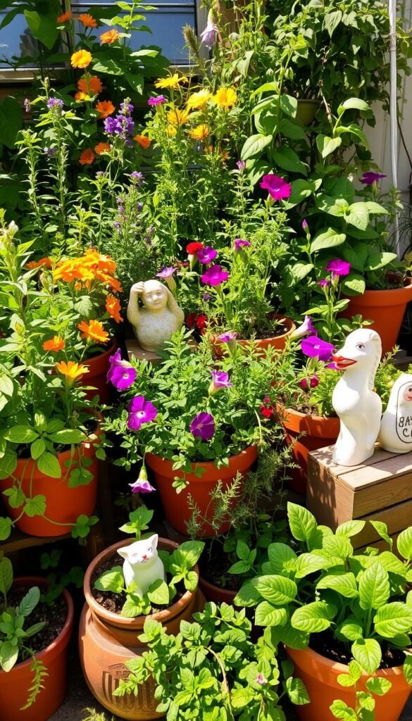 Lush, verdant container garden overflowing with vibrant flowers, herbs, and greenery in a variety of shapes, sizes, and textures. Sunlight filters through the scene, casting a warm, golden glow and highlighting the intricate details of the plants. Terracotta pots, wooden planters, and whimsical ceramic accents are arranged harmoniously, creating a sense of balance and beauty. The overall composition conveys the soothing, restorative benefits of a thriving mini garden, perfect for urban dwellers or those with limited outdoor space.